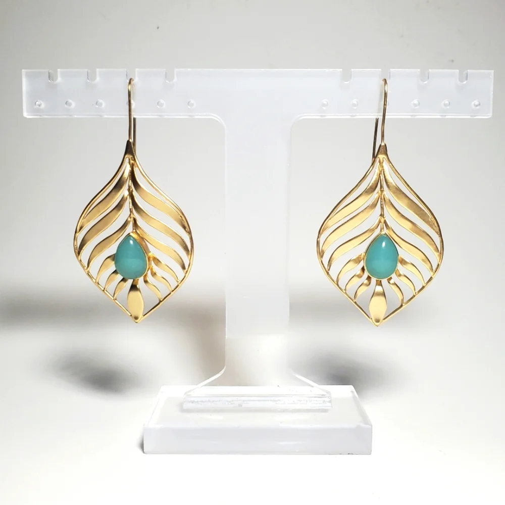 14K GOLD PLATED Handcrafted Leaf Shaped with Turquoise Glass Teardrop